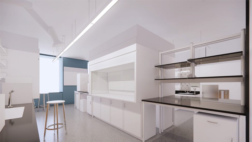 A rendering of a lab in Chandler Hall with a white lab station and blue accent wall.