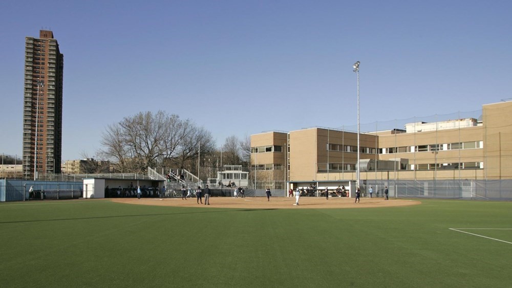 A view of the Columbia Softball Stadium from the outfield