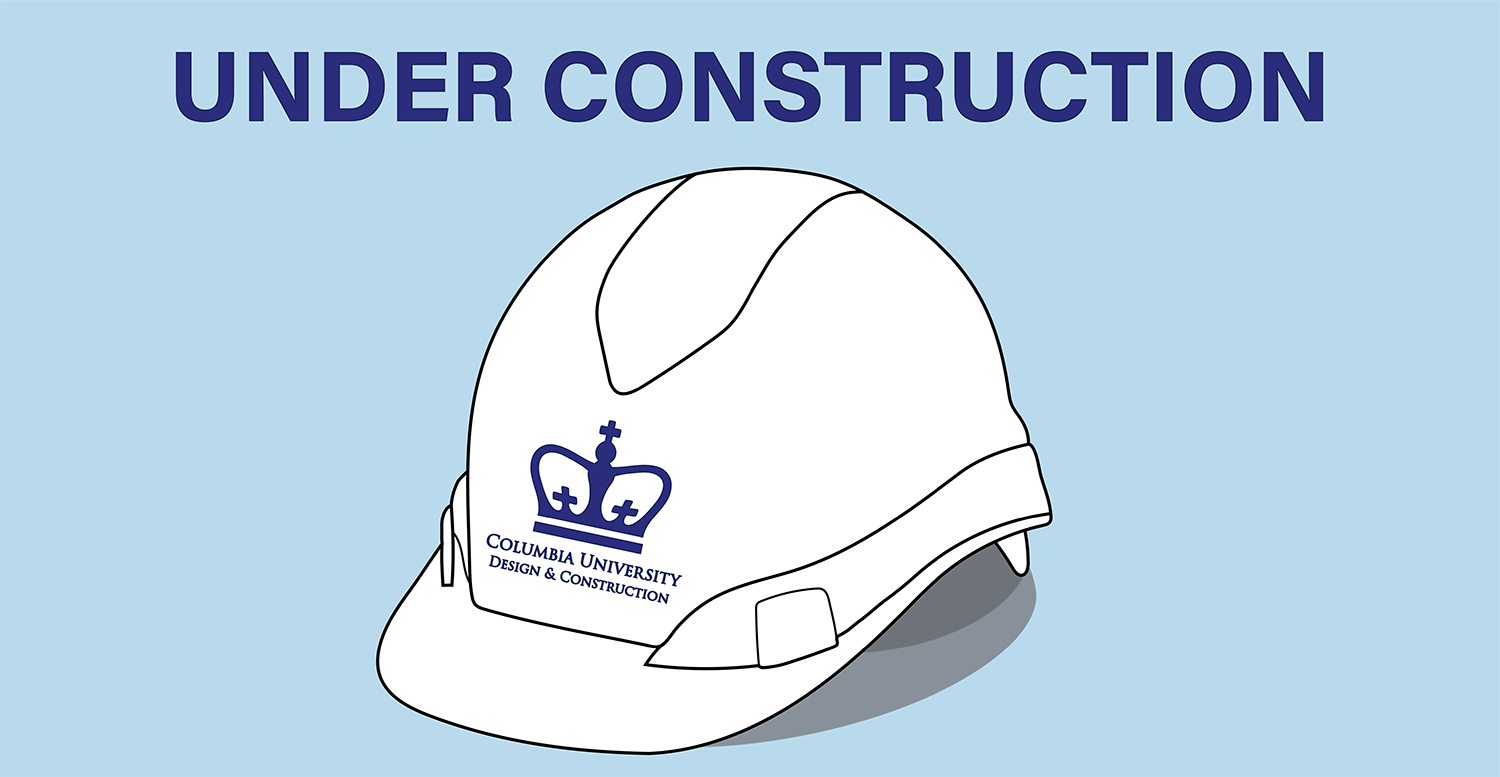A vector image of a white construction hat that has a blue Columbia crown and says, "Columbia University Design & Construction" underneath it.  Overhead, it reads, "Under Construction."