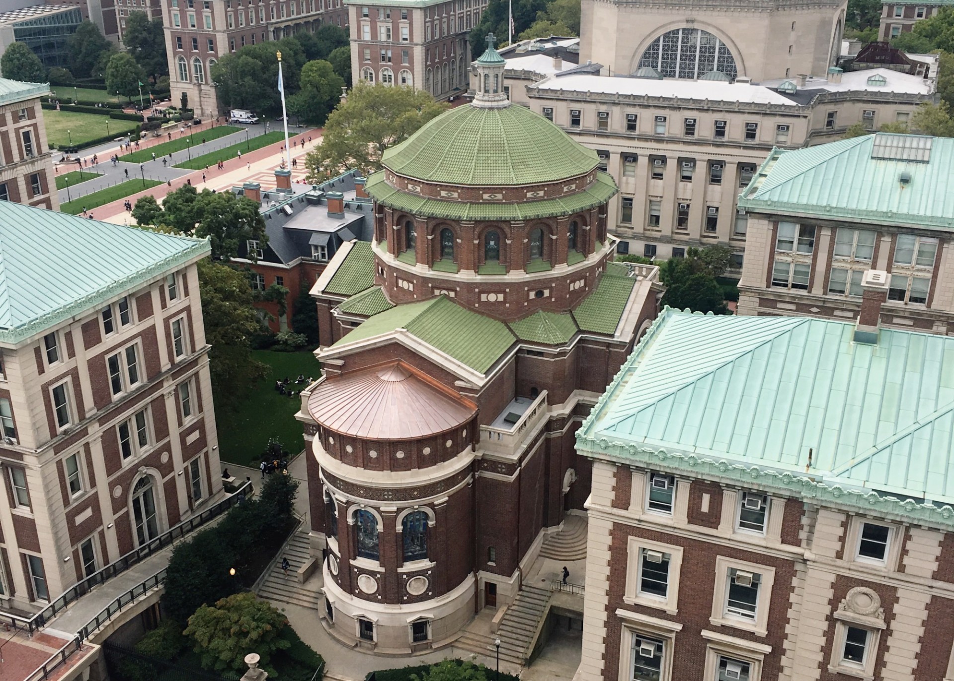 An aerial shot of St. Paul's Chapel with the completed roof replacement, with the apse copper roof facing the camera.