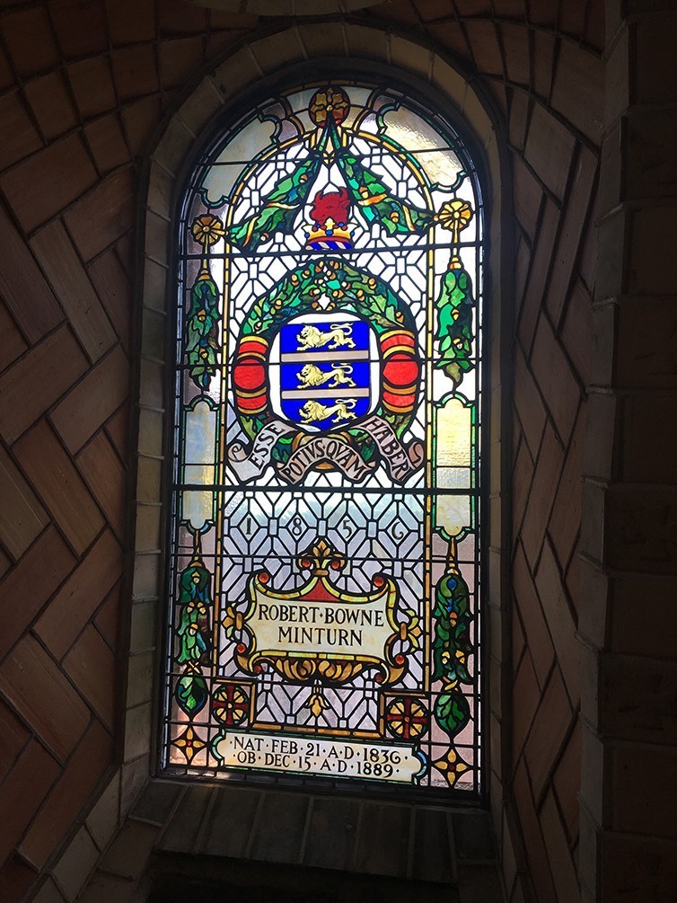 A restored stained glass window inside the chapel dome. A restored stained glass window inside the chapel dome. This window honors Robert Brown Minturn.