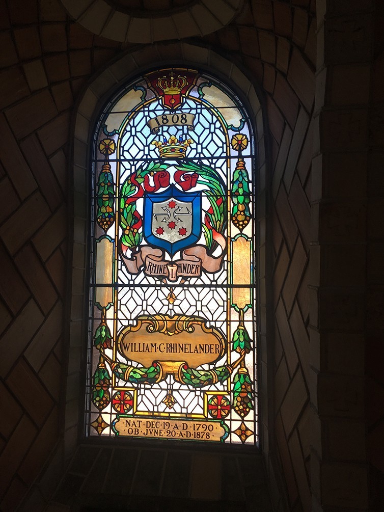 A restored stained glass window inside the chapel dome. A restored stained glass window inside the chapel dome. This window honors William Rhinelander.