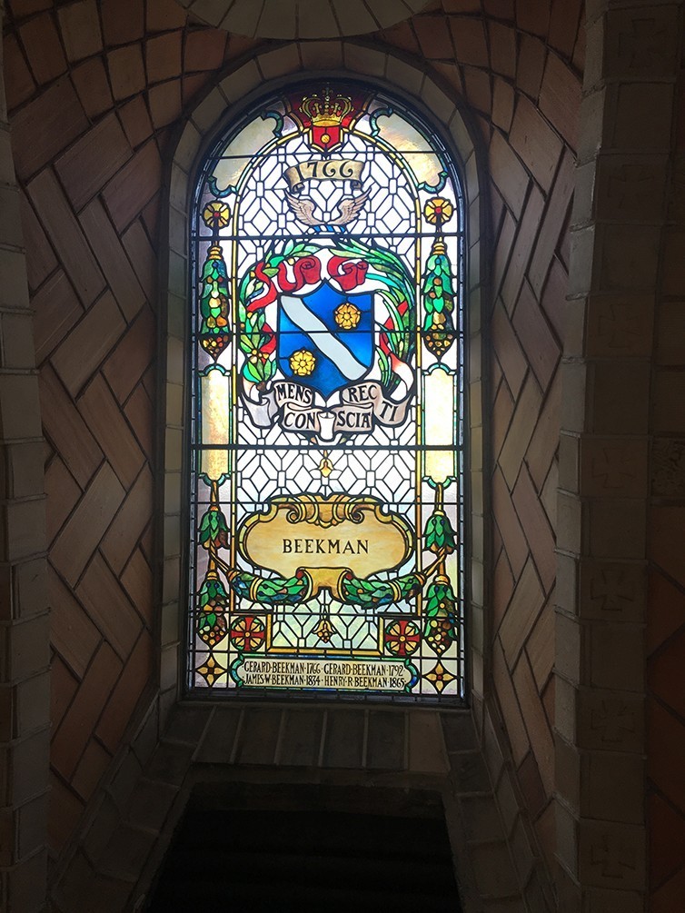 A restored stained glass window inside the chapel dome. A restored stained glass window inside the chapel dome. This window honors the Beekman family.