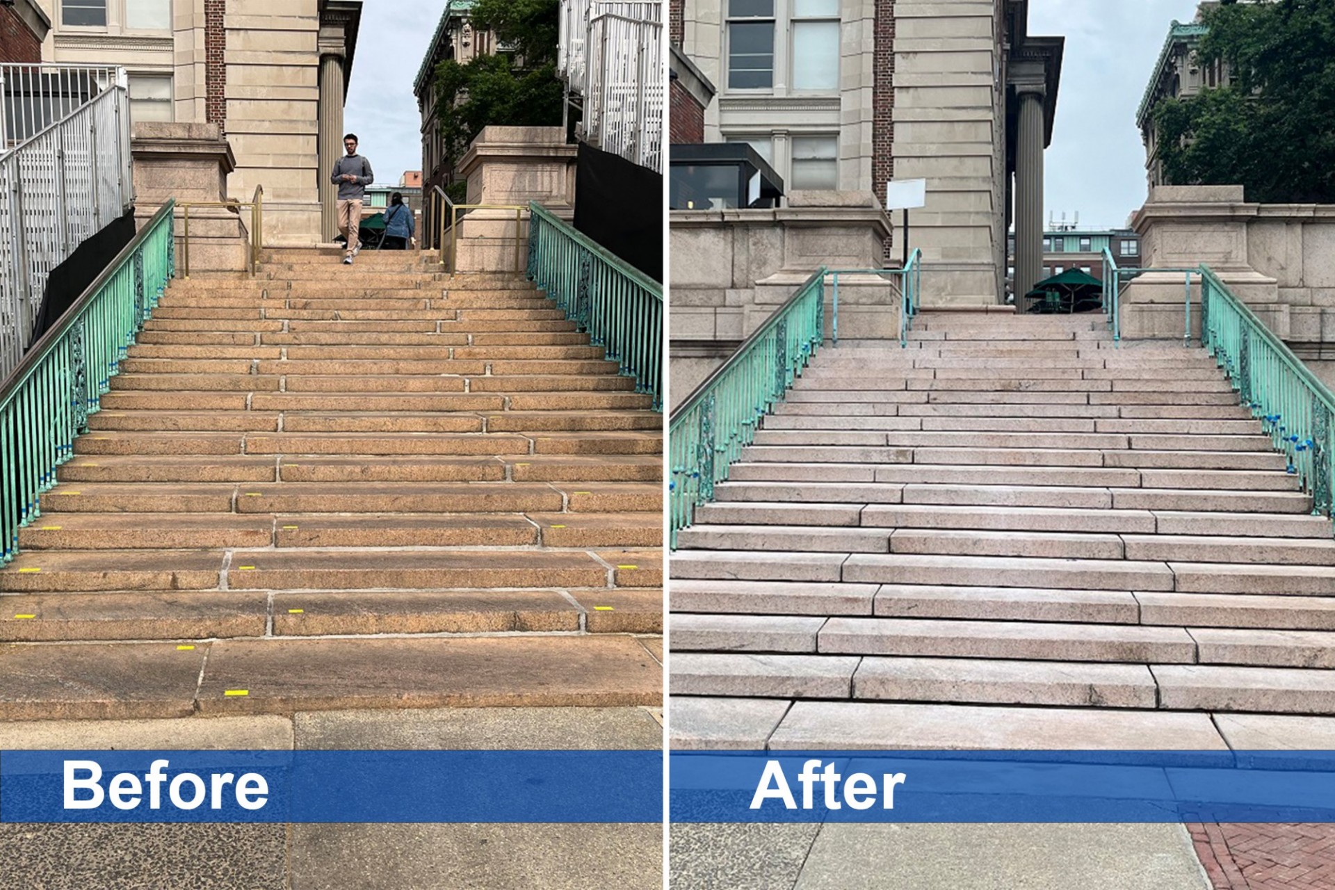 Before and after photos of the staircase between Low Plaza and Dodge Hall, showcasing the refurbished and cleaned steps.