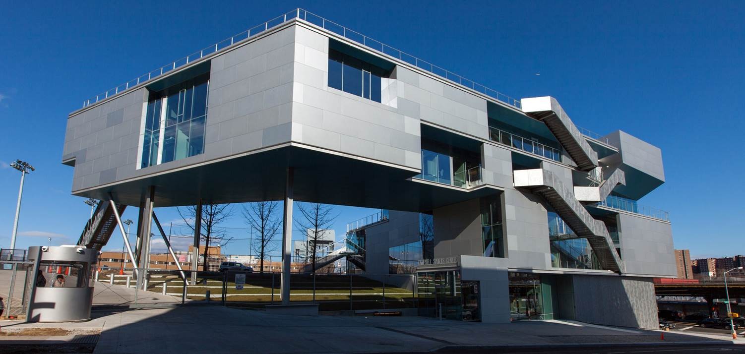 A front view of Campbell Sports Center against a cloudless blue sky. 