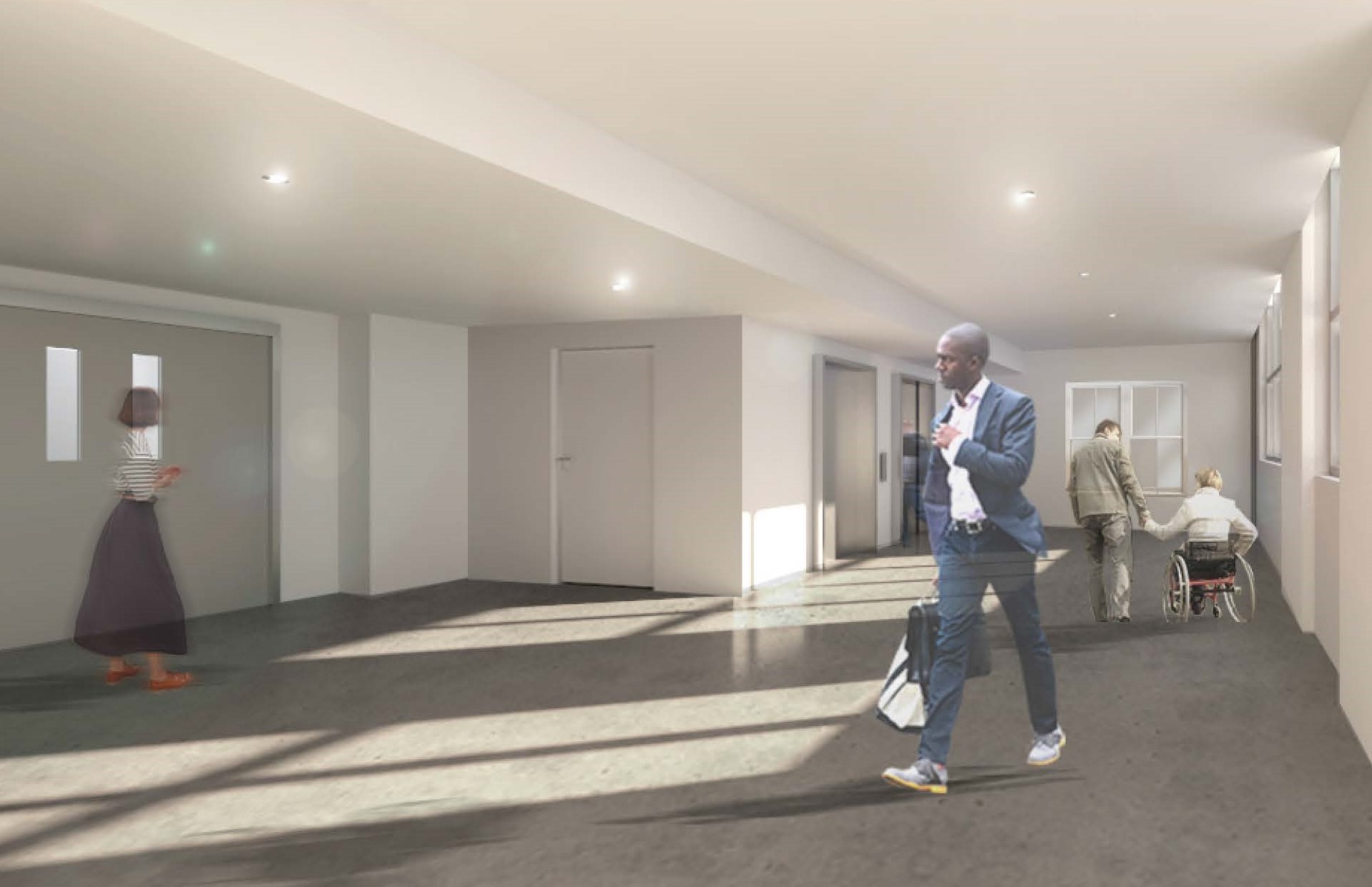 A rendering of the proposed new 8th floor lobby that includes a new elevator bank. A rendering of the proposed new 8th floor lobby that includes a new elevator bank.