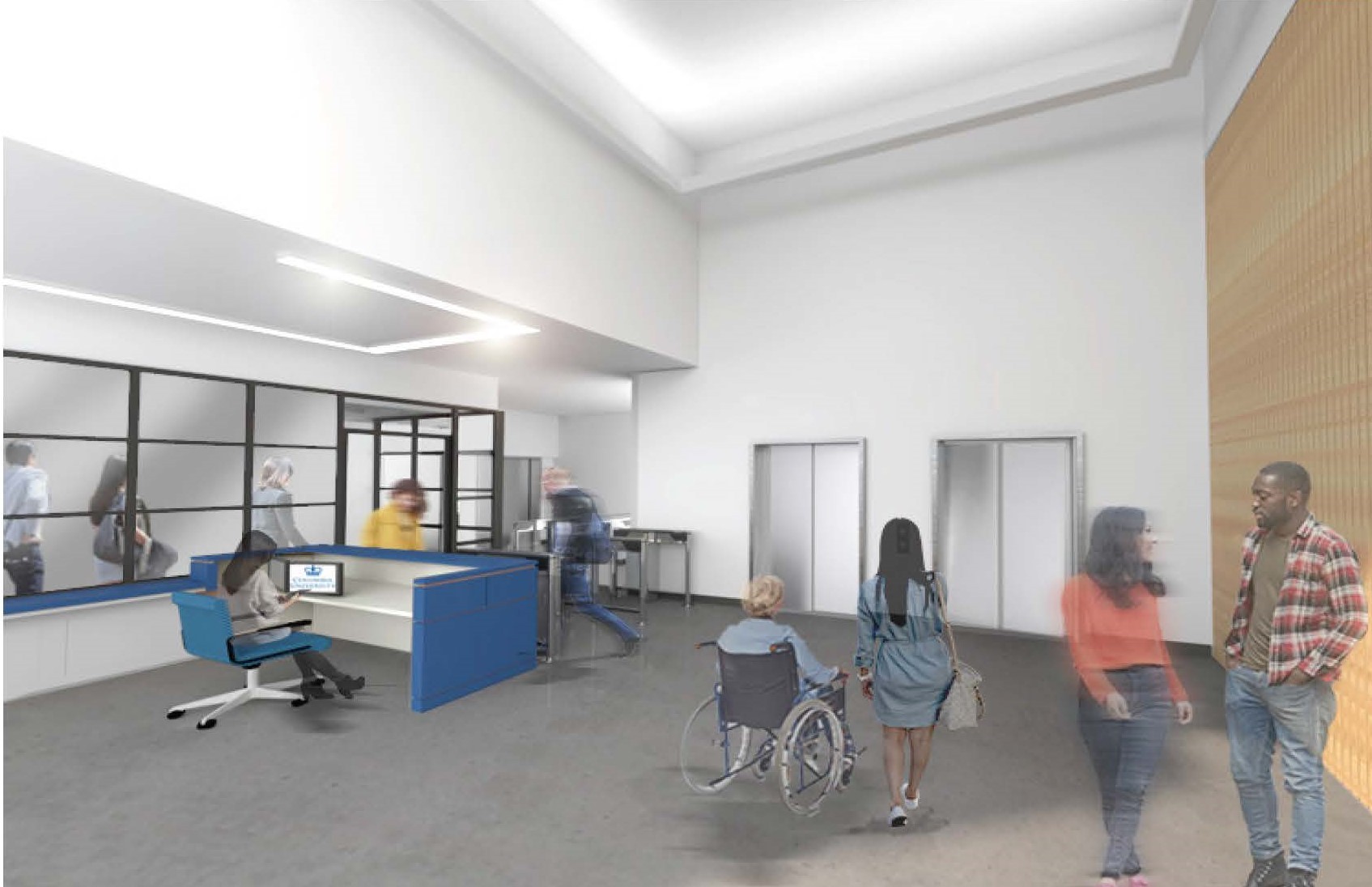 A rendering of the proposed new Broadway entrance lobby that will be expanded and includes a new elevator bank. A rendering of the proposed new Broadway entrance lobby that that has two new elevators, a security desk, turnstyles, and a glass wall.