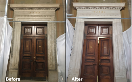 An image shows a before and after picture of a wooden door and it's marble frame.