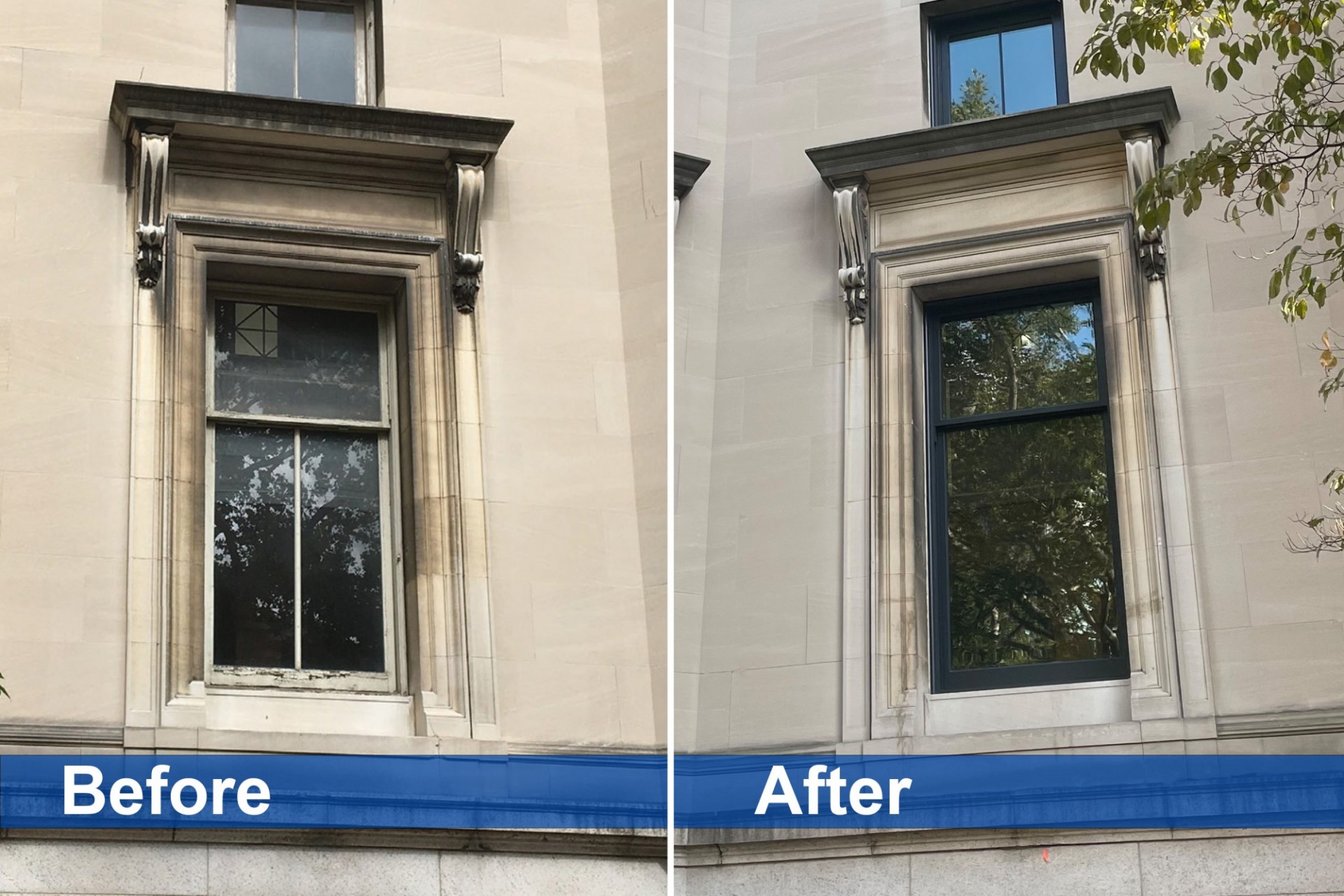 Before and after photos of the completed corner window replacements at Low Library.