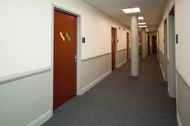 A grey-carpeted corridor of a residence hall with brown wooden doors leading to individual rooms.