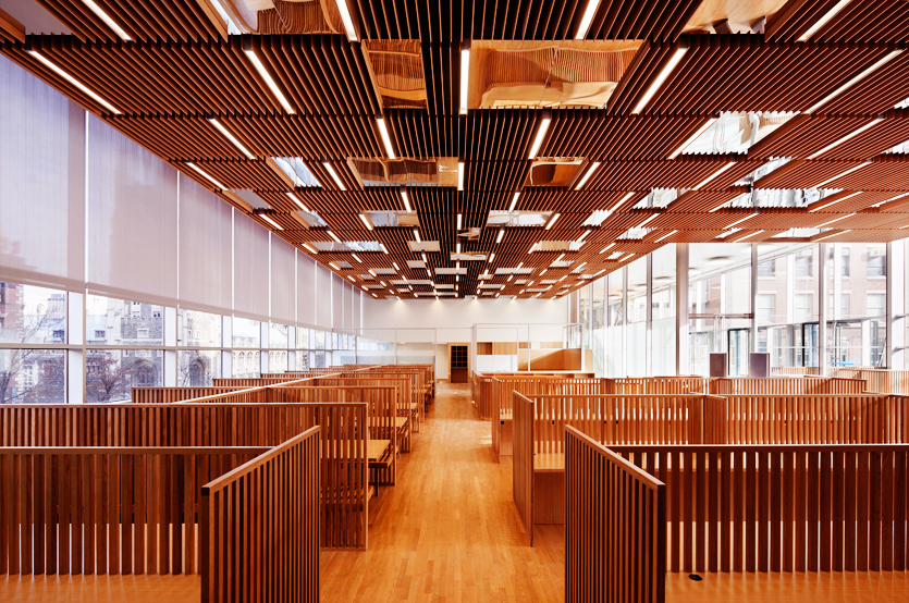 Northwest Corner Building interior, rows of wooden reading carrels in the fourth floor lobby