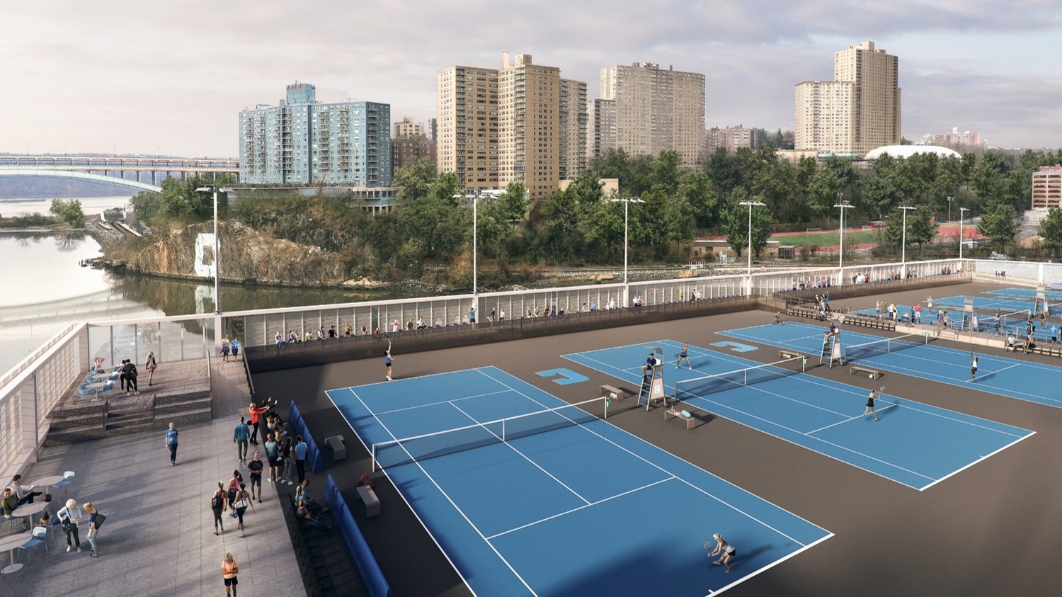  A rendering of the rooftop tennis courts, looking northeast.