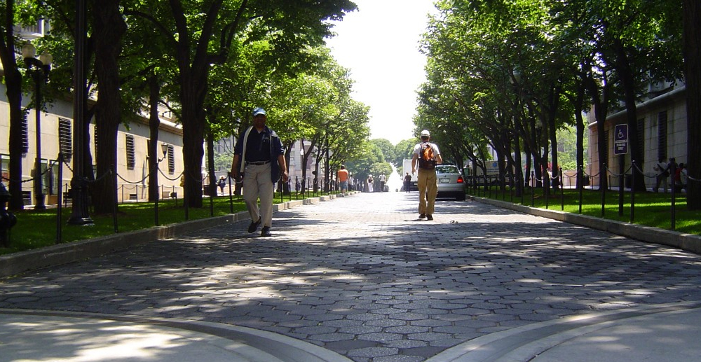 A tree-lined, concrete and asphalt-paver walkway. Two people are on the walkway, one walking toward the camera and the other away. 