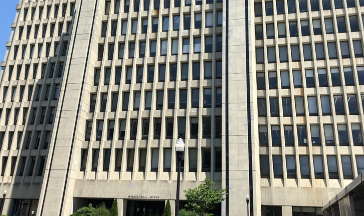 A view of the International Affairs Building from Ancel Plaza.