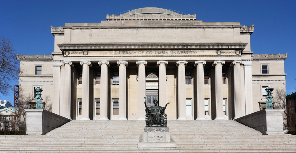 A view of the exterior of Low Library from Low Plaza on a sunny day.