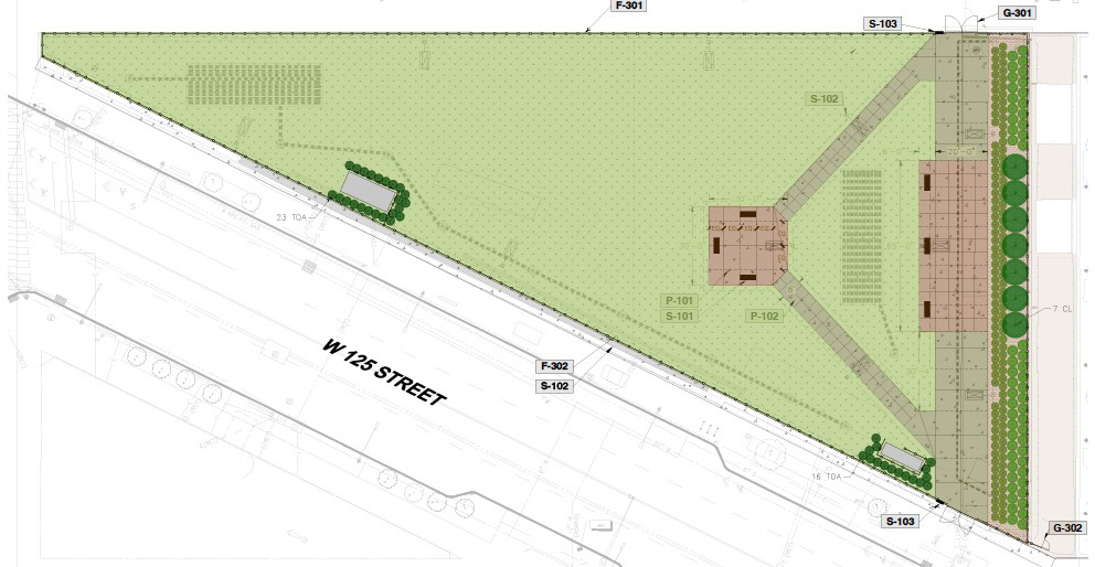 An overhead rendering of the proposed temporary open space at Site 4, which features grass, some plantings, and a couple of paved paths.