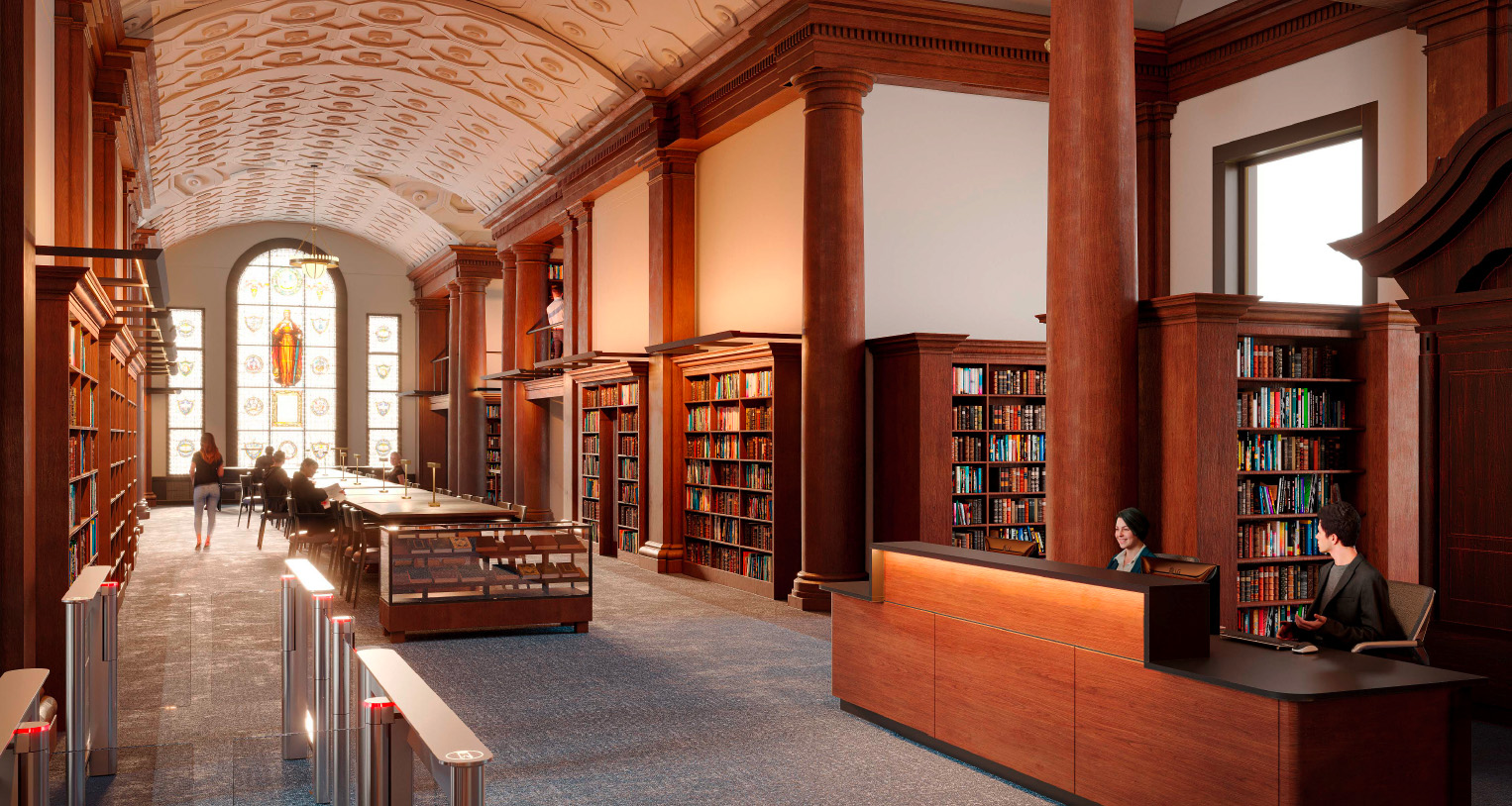 A rendering of the C.V. Starr East Asian Library, with wood millwork, a decorative plaster ceiling, long wooden tables, and bookshelves against the wall.