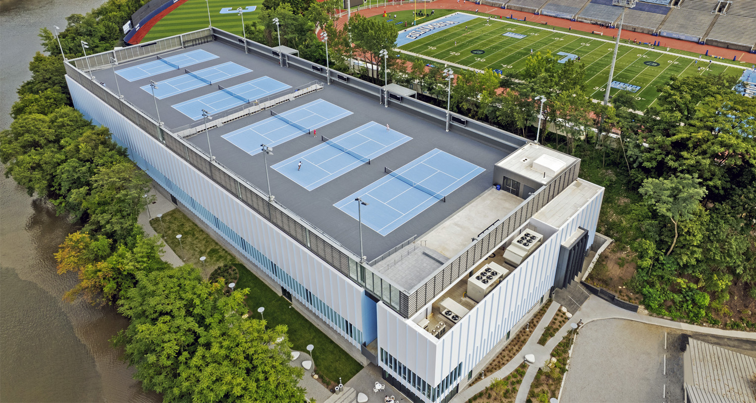 An aerial view of the rooftop tennis courts of the Milstein Tennis Center.