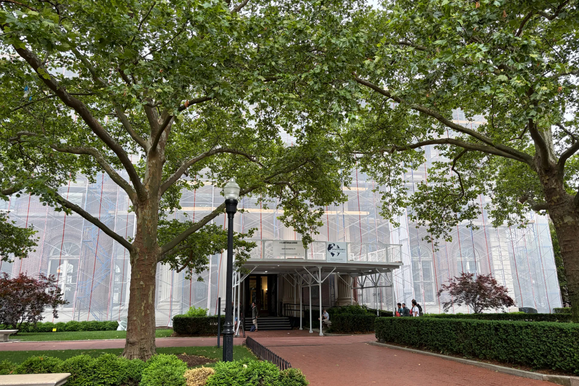 A view of scaffolding in front of Avery Hall with white netting on top of it.