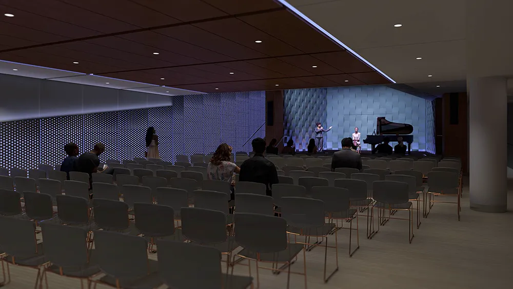 The performance space, as seen from the back of the room