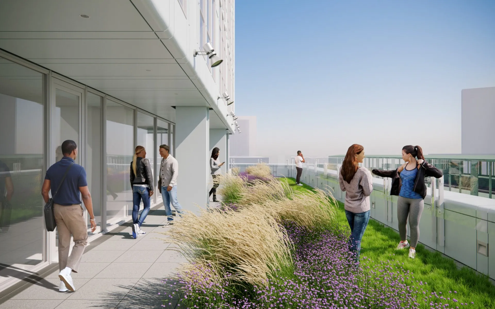A rendering of a terrace on the sixth floor of 600 W. 125th Street that has a green area with grass and wildflowers.