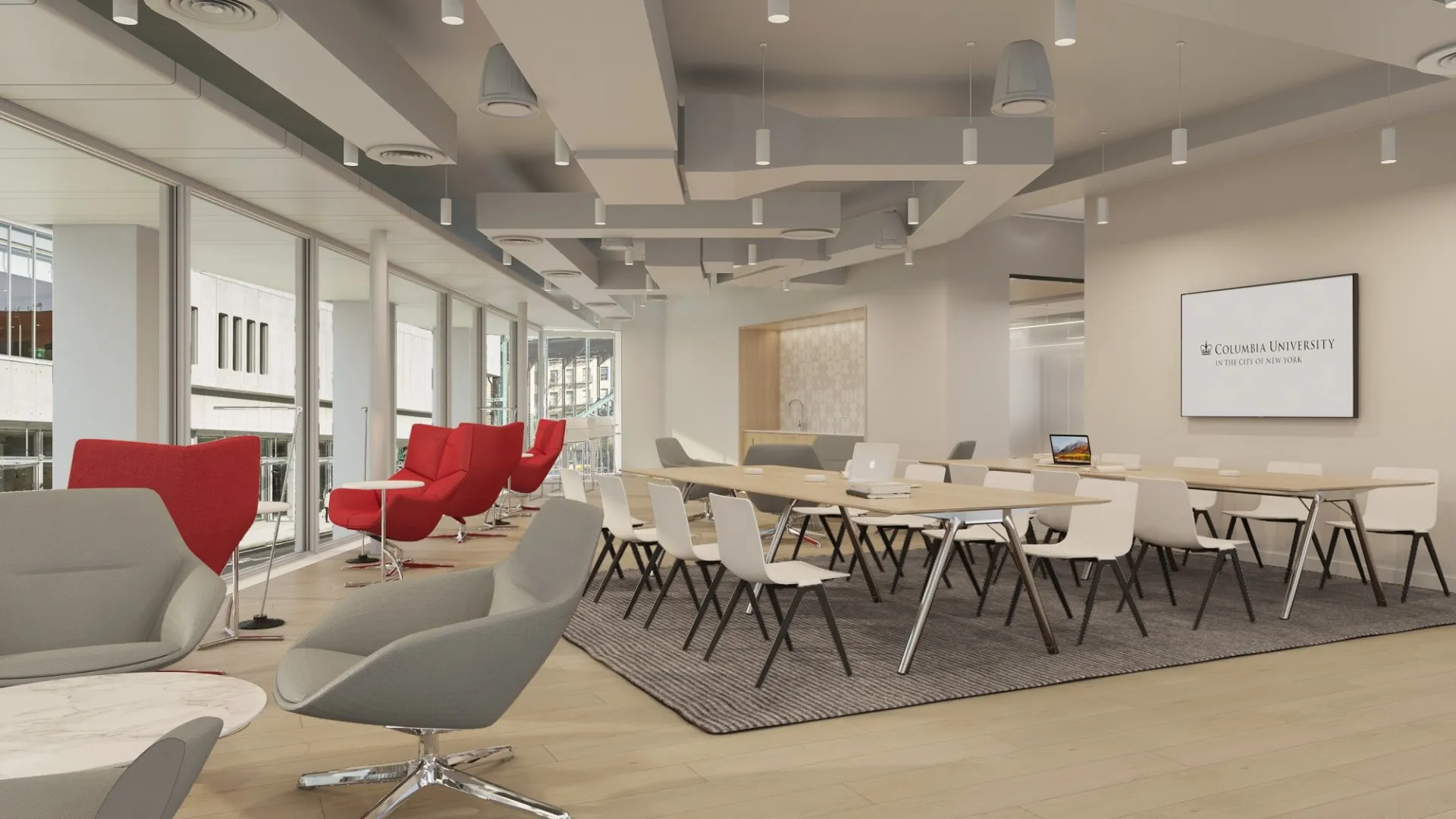 A rendering of a resident lounge at 600 W. 125th Street with rows of tables, red and gray accent chairs facing windows, and a TV on the wall.
