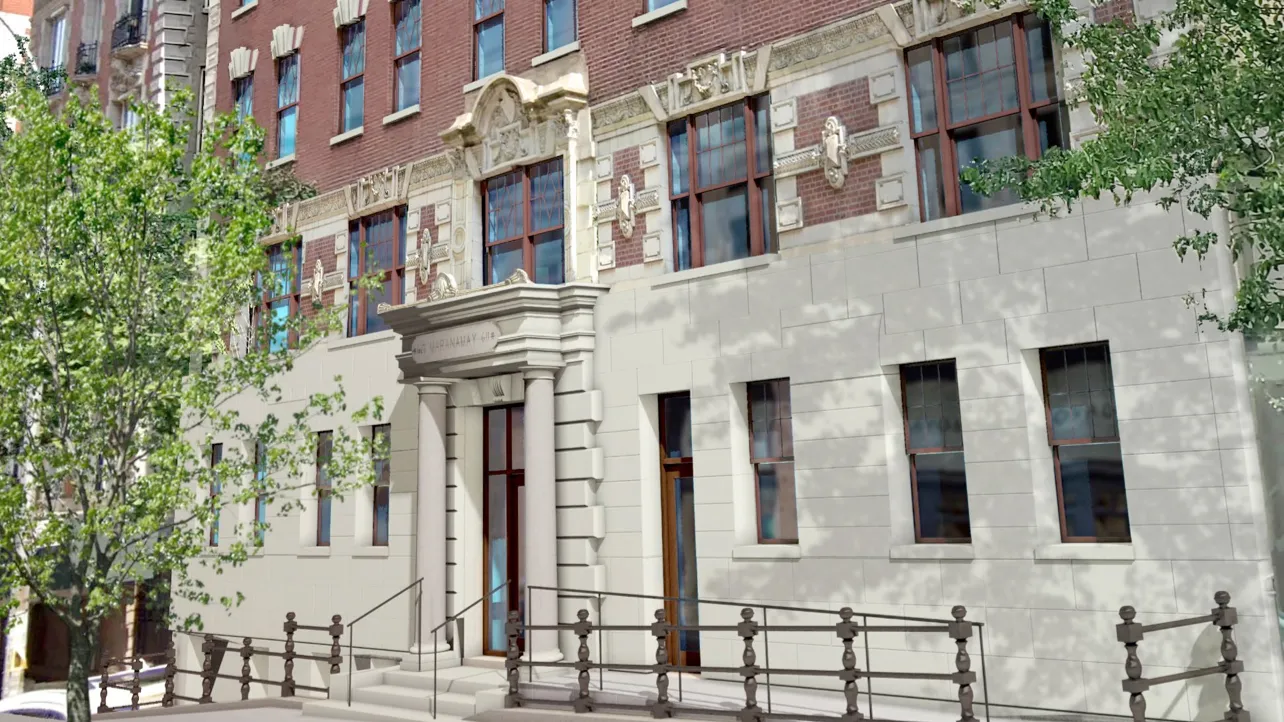 The building at 611 W. 112th Street, which is a granite stone and brick building located in the Morningside Heights Historical District.