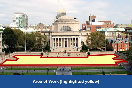 An aerial photo of Low Library with Low Plaza shaded yellow to illustrate the work area.