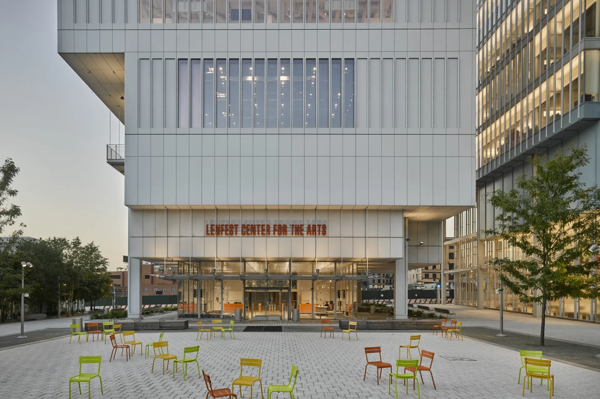 A view of Lenfest Center of the Arts with The Plaza in front.